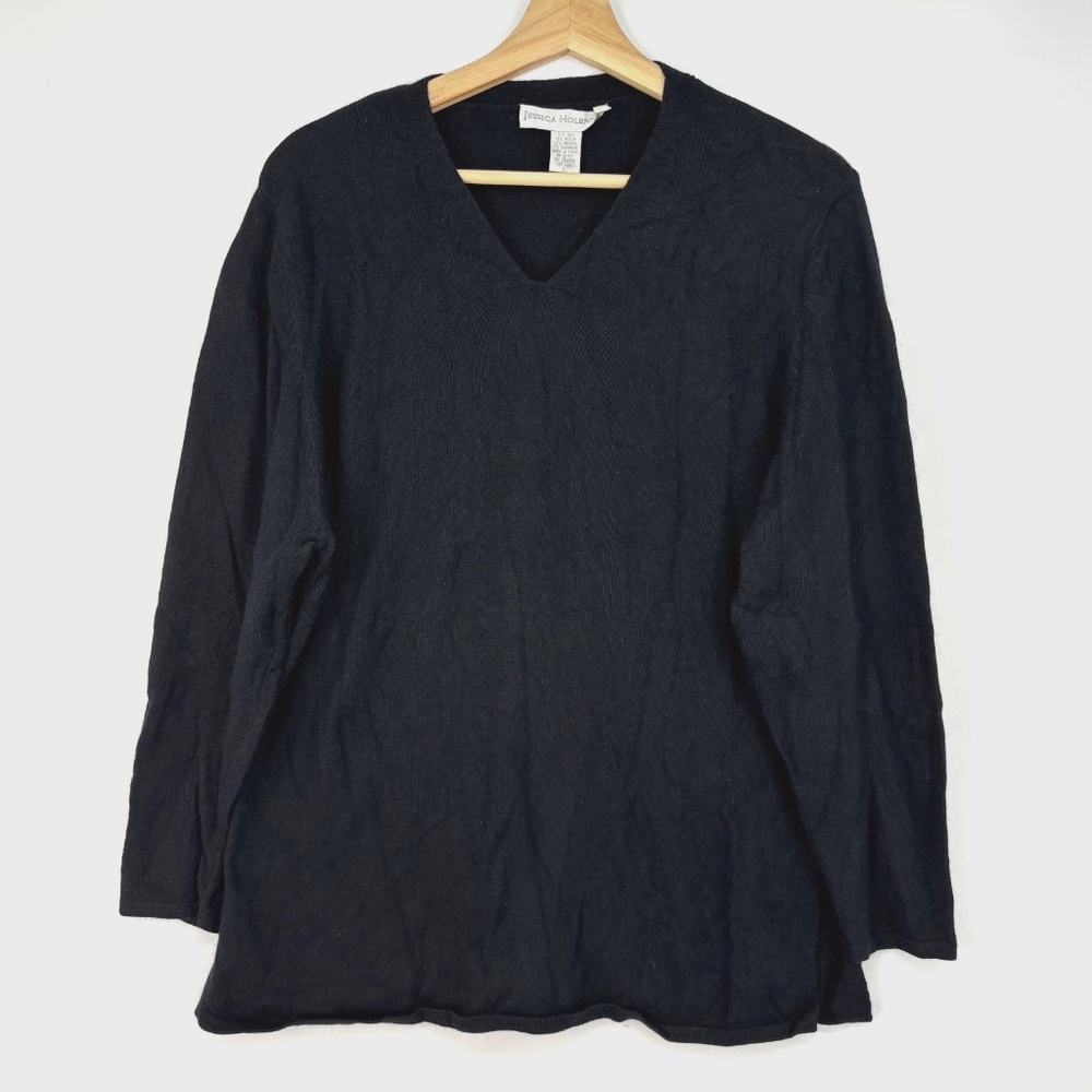 Jessica Holbrook Womens Large Pullover Sweater Black Silk Angora Cashmere V-Neck